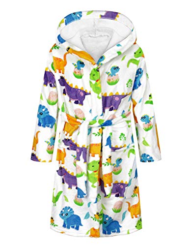 Kids Robes Boys Girls Bathrobes Pajamas Hooded Fleece Plush Soft Flannel Dinosaur Print Sleepwear, 4-12 Years