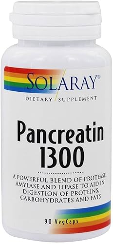 Solaray Pancreatin 1300 Enzimas digestivas pancreáticas más papaya para un apoyo saludable de la digestión 90 cápsulas vegetales, 90 porciones.