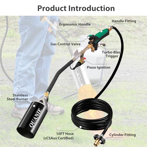 Propane Torch Burner Weed Torch High Output 2,400,000 BTU with 10FT Hose,Heavy Duty Blow Torch with Flame Control and Turbo Trigger Push Button Igniter,Flamethrower for Garden Wood Ice Snow Road(black