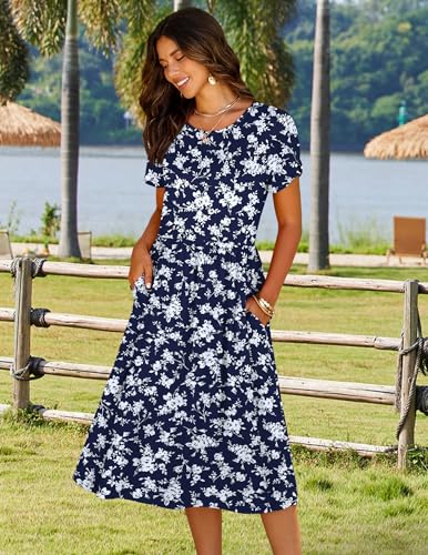 Image of HOTOUCH Women's Summer A-Line Midi Dresses 2026 Casual Floral Short Sleeve T-Shirt Dress Flowy Beach Sundress with Pockets