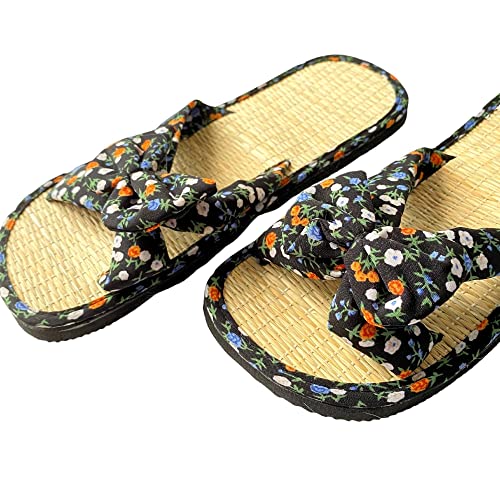Women's Bow Bamboo Flip Flop,Straw Beach Flat Sandals Handmade,Eco-Friendly Straw Footwear (6.5, Blue)3
