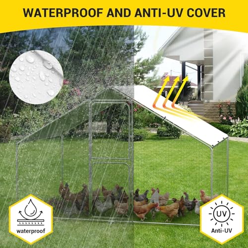 Large Metal Chicken Coop with Run,9.8X6.5X6.5FT Walk in Poultry Cage Chicken Run Pen with Waterproof & Anti-Ultraviolet Cover,Ideal for Ducks, Geese, and Rabbits Farm Use Peaked Roof Double Doors