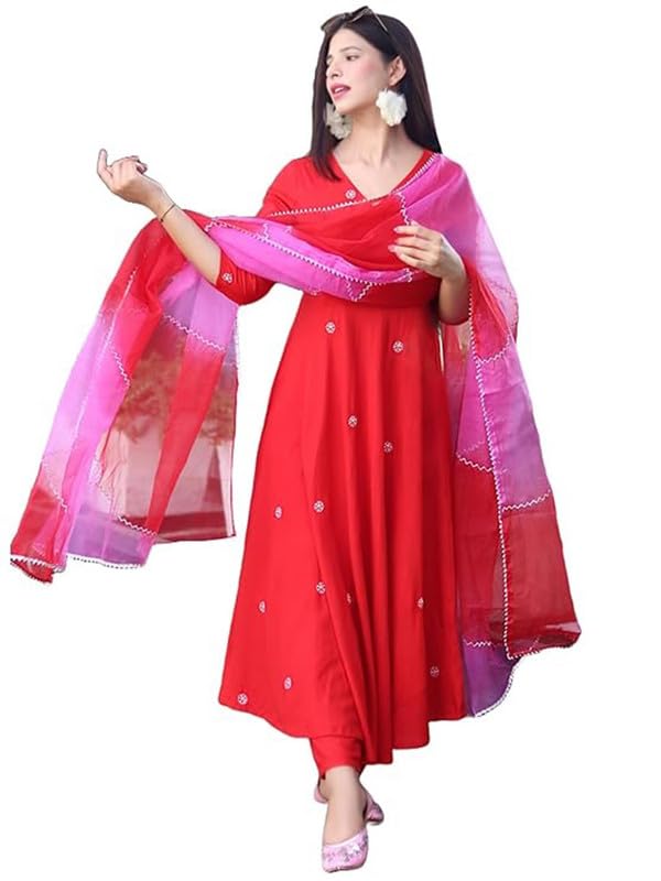 Image of Royal Export Women's Viscose Floral Embroidered Anarkali Gown Dress || Kurta Pant with Dupatta Sets