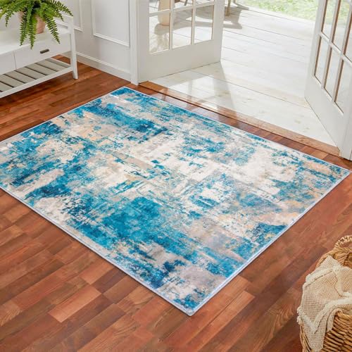 KOZYFLY Modern Abstract 3x5 Area Rug Washable Bedroom Rug Throw Entry Mat Non-Slip Stain Resistant Carpet Dining Room Rug with Soft Low Pile for Living Room Kitchen Office, Turquoise/Beige/Grey/Yellow