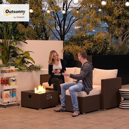 Outsunny 5 Piece Rattan Garden Furniture Set with Gas Fire Pit Table, 4 Seater Outdoor Sectional Sofa Set with Footstool and Removable Cushions, Modular Combination, Brown and Cream White 2 Outsunny 5 Piece Rattan Garden Furniture Set with Gas Fire Pit Table, 4 Seater Outdoor Sectional Sofa Set with Footstool and Removable Cushions, Modular Combination, Brown and Cream White - Image 2