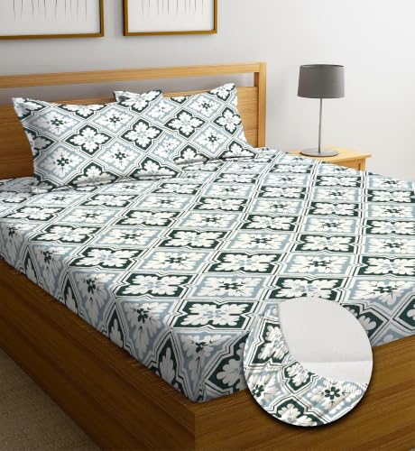 Image of NEW LEAF Premium Cotton Elastic Fitted Bedsheets with 2 King Size Pillow Covers | Double Bed with All Around Elastic 180 TC Supersoft | Size - 72 King Sizex78+10 inches | Sage Green Floral Tile