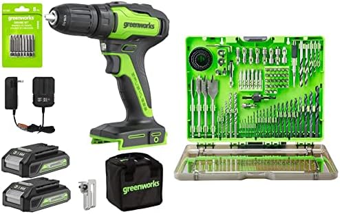 Greenworks 24V Brushless Cordless Variable Speed Drill Kit, Batteries and Charger Included, with 90-Piece Impact Rated Driving Bit Set