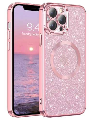 GaoBao Magnetic for iPhone 12 Pro Max Case, Slim Fit iPhone 12 Pro Max Case [Compatible with MagSafe] Luxury Sparkle Full Body Protective Phone Cases Covers for iPhone 12 Pro Max 6.7'', Pink Glitter