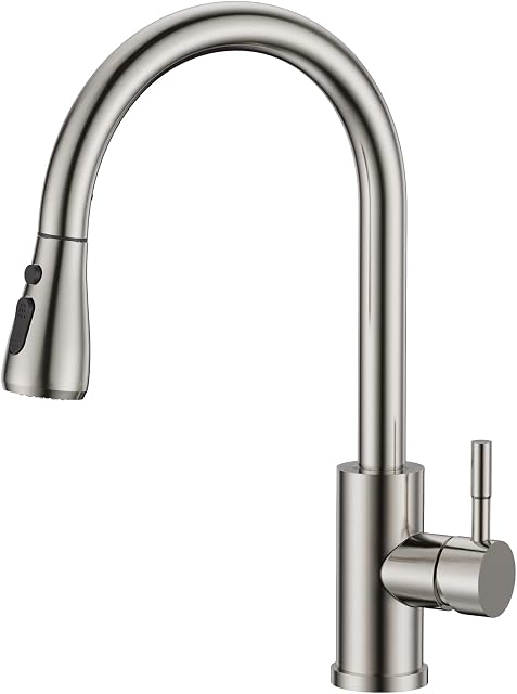 FORIOUS Kitchen Sink Taps Mixer with Pull Out Spray, Swivel Single Handle High Arc Pull Down Stainless Steel Kitchen Faucet for UK Standard Fittings, Stainless Steel