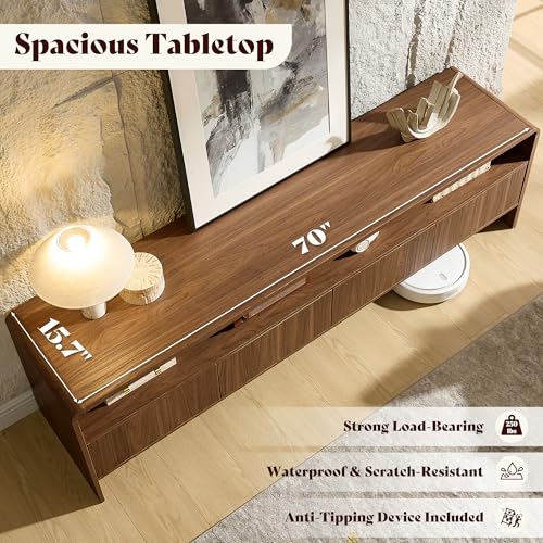 Image of AMERLIFE 70 inch Modern TV Stand for TVs Up to 80 inch, Wood TV Console with Curved Profile Design & 2 Storage Cabinets, Media Console Entertainment Center for Living Room, Brown