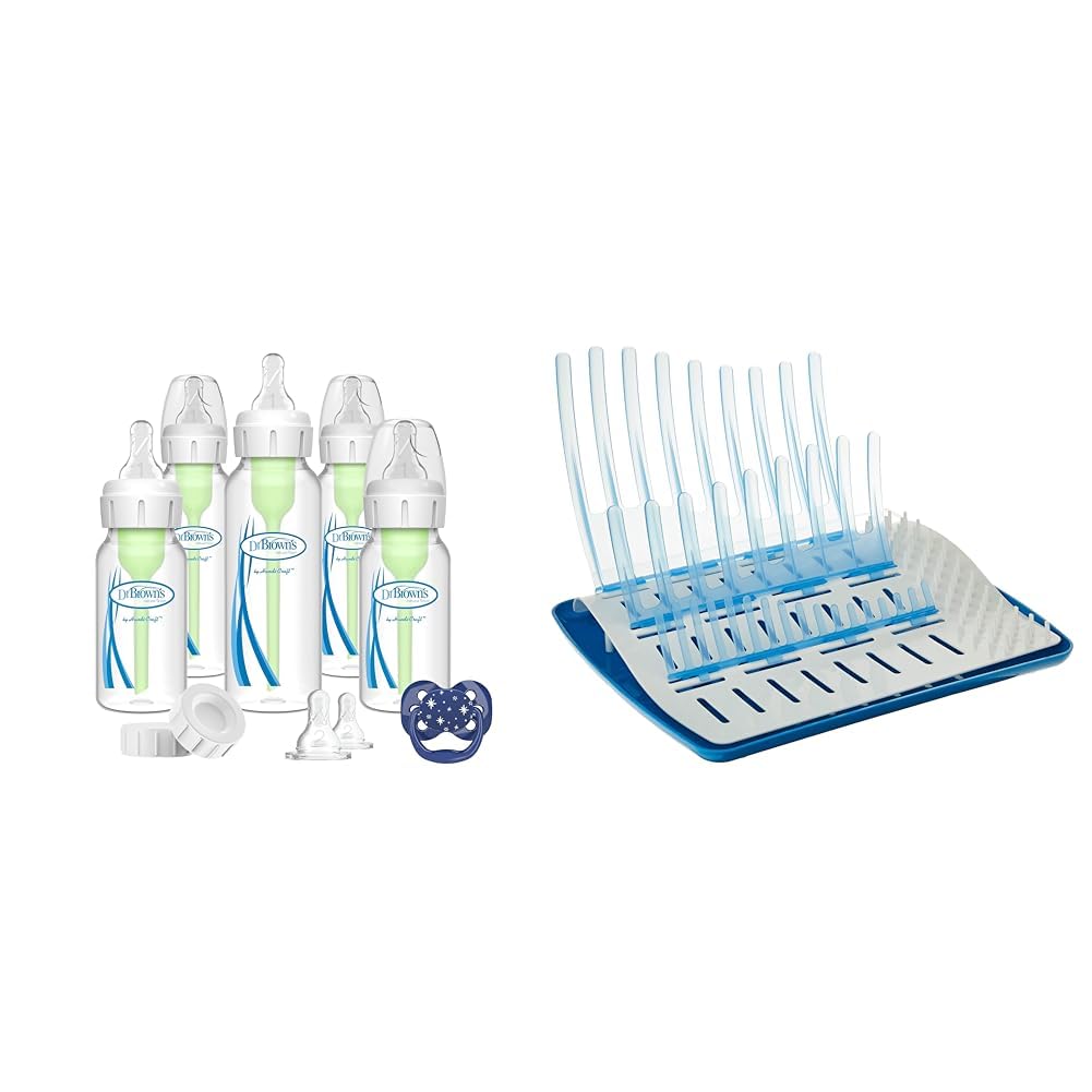 Dr. Brown's Natural Flow Anti-Colic Options+ Narrow Baby Bottle Gift Set & Folding Baby Bottle Drying Rack for Easy Storage, Dry Nipples, Pacifiers and Other Baby Essentials, BPA-Free