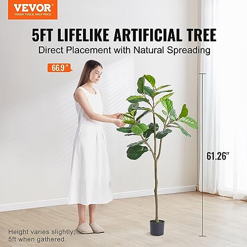Image of VEVOR Artificial Fiddle Leaf Fig Tree, 5 FT, Secure PE Material & Anti-Tip Tilt Protection Low-Maintenance Faux Plant, Lifelike Green Fake Potted Tree for Home Office Warehouse Decor Indoor Outdoor