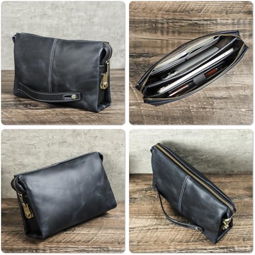 Image of Top Grain Genuine Leather Clutch Wallet Handbag for Man & Woman, Handmade Retro Design, Combination Lock & Retractable Strap & Multi Pockets /Slots, Portable RFID for Cards /Checks /Phone /Banknote, Blue