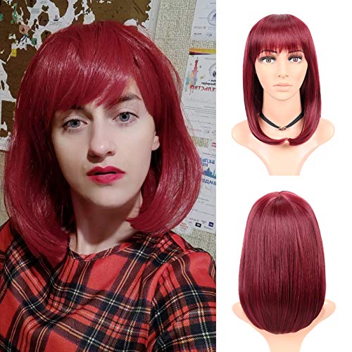 M-BOX Straight Short Bob Wig Women’s Bob Wig With Bangs Heat Resistant Fiber Hair Synthetic Wig None Lace Cosplay Wigs Natural Looking（#Burgundy 14inch）
