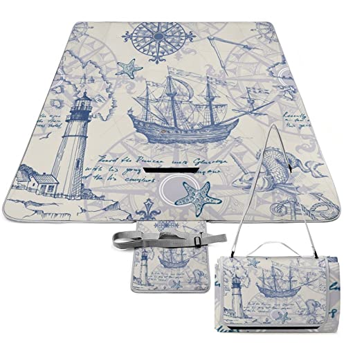 Kazynee Nautical Sailboat Lighthouse Beach Picnic Blanket Rustic Hand Painted Compass Anchor Starfish Decorative for Outdoor Picnics, Beach, Camping 58.3x58.3 Inch