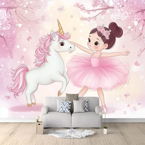 Papier peint intissé 350 x 256 cm Photo Mural Fille Ballerine De Dessin Animé Avec Une Licorne 3D Panoramique Pour Chambre Salon Salle Mur Décoration Poster
