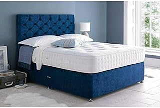 Sleep Factory - Mona Double Divan Bed with Mattress, Memory Foam - 190cm x 135cm Bed & Mattress Set - 3000 Pocket Double Mattress, 4FT6, Bed Base with Drawers & Headboard - 2 Drawers, Blue Velvet