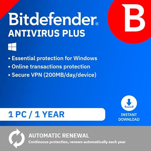 Bitdefender Antivirus Plus| 1 Device | 1 Year | PC/Mac/iOS/Android | Activation Code by Email | Automatic Renewal