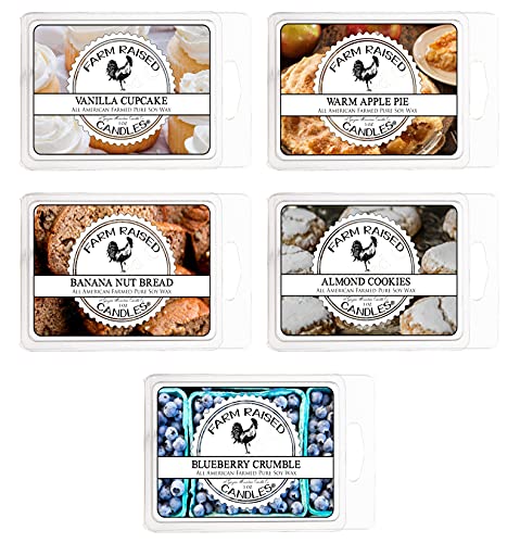 Farm Raised Candles - Farmhouse Bakery Variety Mix 5 Pack - 1 Pound of Wax - 100% Plant-Based Soy American Made Wax Melts - Scented Wax Warmer Cubes. Vanilla Cupcake, Apple Pie, Almond Cookie