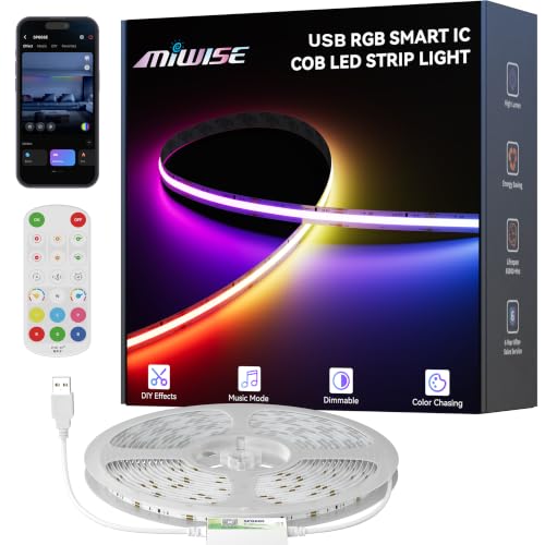 Image of MIWISE 5V USB COB LED Strip Lights,RGB Smart IC LED Strip with App Control,Bluetooth Addressable Music Sync Color Changing Strip Lights,3M Back-Adhesive for Gaming Room PC Home Decor 6.56ft