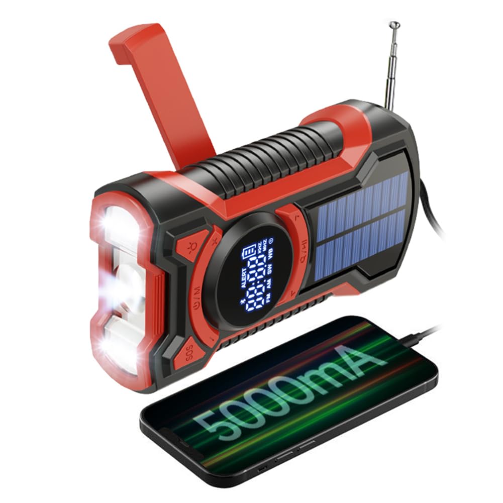 Juchrzeey Solar wielopasmowe Wodoodporne radio Wodoodporne ręczne korba przenośna awaryjna Radio 5000MAH -Compatible5.3 LED LED LED LED LIDY SOS dla przetrwania na zewnątrz (czerwony)