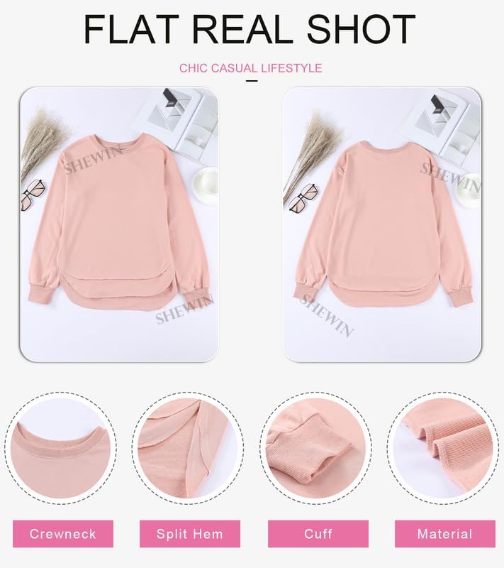 Miniatura 5 de SHEWIN Sudadera de gran tamaño para mujer, casual, de otoño, manga larga, cuello redondo, sin botones