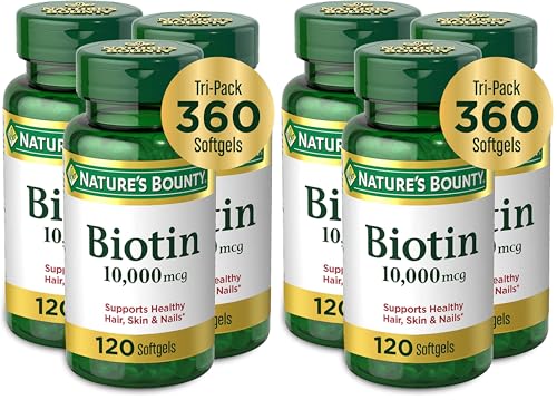 Image of Nature's Bounty Biotin Hair Skin and Nails Vitamins,Supports Healthy Hair,Skin and Nails,10,000 mcg,120 Count (Pack of 6)