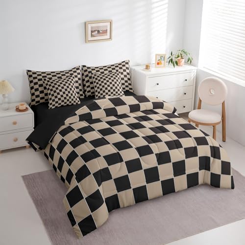 Image of Erosebridal Geometric Plaid King Comforter Set 7 Piece Beige Black Brown Checkerboard Bed in A Bag with Sheets Checkered Grid Bedding Set for Kids Boys Men,Modern Aesthetic Bed Set