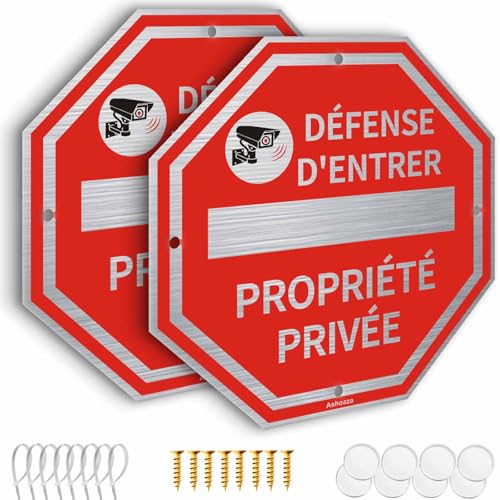 FR 2 Piezas Panel Propiedad Privada Aluminio, Cm 20 x 20 Placa de Video Vigilancia y Alarma, Paneles de Videovigilancia Defensa de Entrar Octogonal (Propiedad Prive)