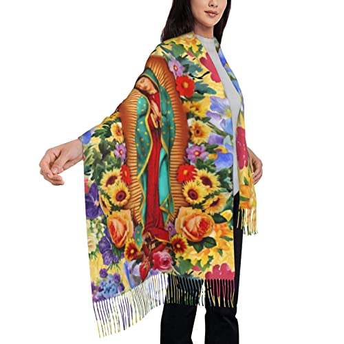 Virgen de Guadalupe Shawl Wraps for Women Catholic - Yellow Floral Scarf with Tassels - 77.6 x 28.3in