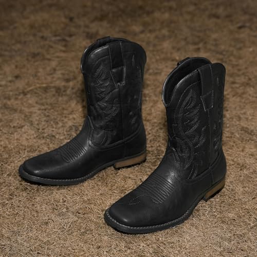 Image of Cowboy Boots For Men Western Fashionable Retro Stylish Embroidered Square Toe Boots Chunky Heel
