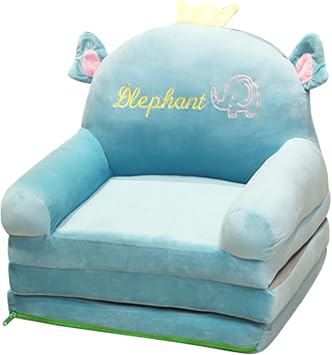 Kids Sofa Bed, Childrens Folding Sofa, Baby Sofa, Fluffy Seat, 1 Seat, Cute Design, High Density Sponge Filling, Washable Cover Included Trifold, Blue, Elephant