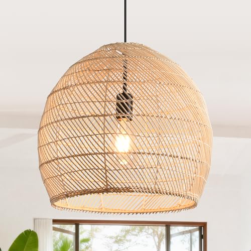 Image of Parrot Uncle Rattan Pendant Light, 40cm Handwoven Natural Bamboo Shade, Boho Ceiling Light Shades, Adjustable Height, E27 Socket, for Dining Room Hallway (Bulb Not Included) [Energy Class G]