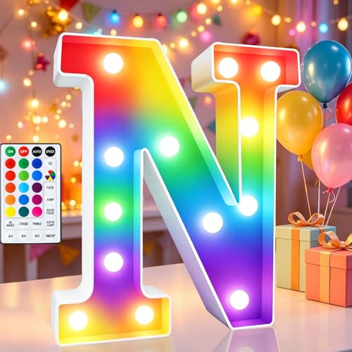 Image of LED Marquee Letter Lights, 18 Colors Changing Light Up Letters with Remote, RGB Alphabet Letters Sign for Girls Boys Gift Birthday Party Night Light Bedroom Wedding Christmas Decor-Colorful N