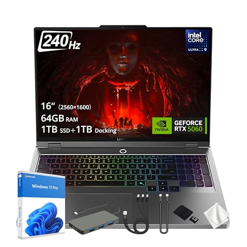 Image of Lenovo Legion 5 16 inch WQXGA 240Hz Gaming Laptop, Intel Ultra 9 275HX, NVIDIA GeForce RTX 5060, 64GB DDR5, 2TB Storage(1TB SSD+1TB Docking Station), 24-Zone RGB Backlit Keyboard, WiFi 7, Win 11 Pro, Gray