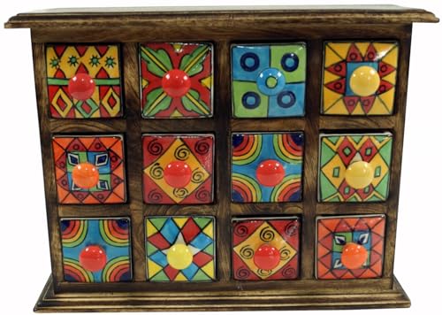 Guru-Shop Apothekerschränkchen mit Bunten Keramik Schubfächern – 4×3 Fächer Modell 2, Braun, 25x31x10 cm, Dosen, Boxen & Schatullen - 2