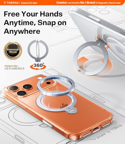 Image of TORRAS Ostand Q3 Spin Designed for iPhone 17 Pro Case, 360 Rotatable Ring Stand & 18N Strong Magnetic Lock, Military-Grade Shockproof Cover for Hands-Free Viewing, Clear