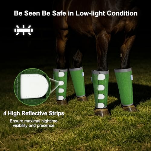 Image of Reflective Horse Fly Boots Set of 4, Breathable Adjustable Equine Fly Leg Wraps for Horses, Universal Fit Loose Fitting Leggings with Stay Put Design (Green)