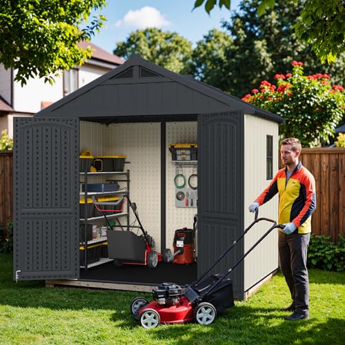 Image of Greesum 8x6FT Plastic Outdoor Storage Shed with Floor, Resin Sheds with Window and Lockable Door, Easy Assembly, HDPE Kick-it Shed for Garden, Lawn, Backyard, Beige