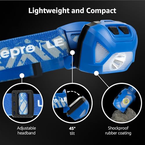 Image of Lepro 320015 Battery Powered Headlamp - 1300Lux Super Bright LED Head Lamp with Red Light, IPX4 Waterproof Headlights for Outdoor Camping, Hiking, Hunting, Power Outages, Emergency, Hurricane - Blue