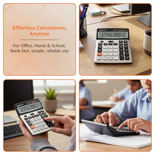 Image of Amazon Basics 12-Digit Desktop Calculator | 127mm Large Tilted LCD| 112-Step Check & Correct | Dual Power Solar & Battery | Anti-Scratch LCD | 000 & F-Cut Keys | Black