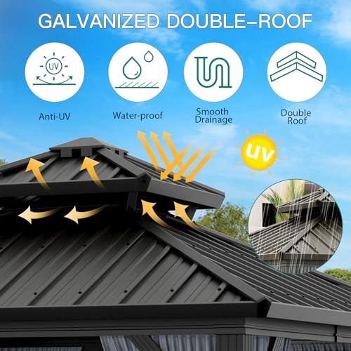 10x10ft Double Roof Hardtop Gazebo, Heavy Duty Galvanised Steel Hardtop Pavilion with Nettings and Curtains, Aluminum Gazebo for Patio, Terrace, Lawn and Deck, Grey