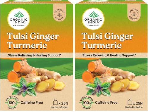 Image of A TATA Product - Organic India Tulsi Ginger Turmeric - 25 Tea Bags, Boosts Immunity, Supports Healing & Recovery, Rich in Antioxidants, Made with Tulsi, Turmeric, Cinnamon, and Pepper (Pack of 2)