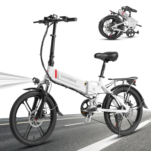 SAMEBIKE 20LVXD30-II - Bicicleta eléctrica eléctrica (20 pulgadas, con batería extraíble de 48 V, 10,4 Ah, 7 velocidades, alcance máximo de hasta 40-80 km), color blanco