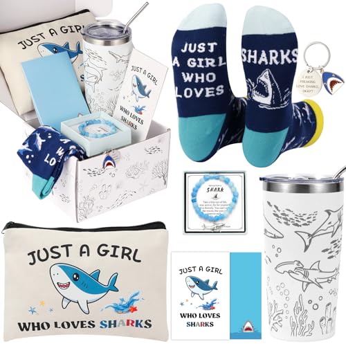 Bayelove Shark Gifts for Women Best Shark Lovers Week Gift for Women Funny Sharks Stuff Include Makeup Bag Socks Notepad Tumbler Mug Keychain Brecelet Gift Card for Birthday Christmas Mothers Day
