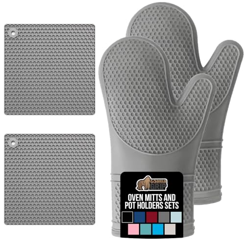 GORILLA GRIP BPA-Free Soft Silicone Oven Mitts and Pot Holders Sets of 4, Heat Resistant Waterproof Cooking Gloves, Thick Cotton Lining, Flexible Gripping for Baking Grilling, Kitchen Trivets, Gray