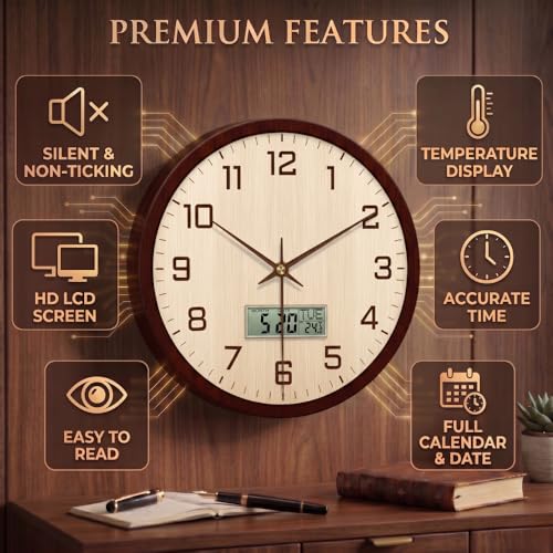 Image of STAR WORK Silent Non-Ticking Wall Clock 12 inch Inch Analog Clock & LCD Display | Calendar Date, Day, Temperature, Operated Decorative Clock for Living Room, Kitchen, Bedroom,Office (Cream Brown Digital)