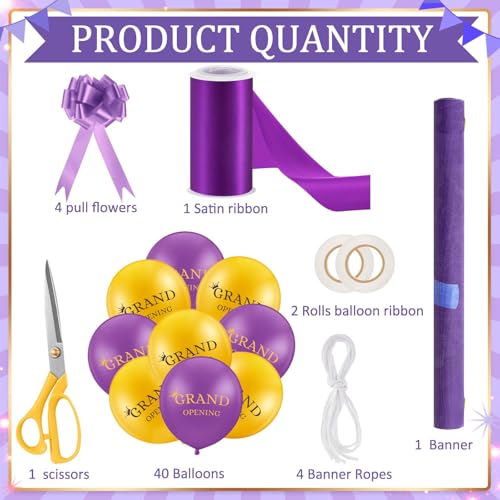 Image of Mixweer Grand Opening Ribbon Cutting Ceremony Kit Grand Opening Banner Decorations with 10'' Scissors 40 Pcs Balloons Satin Ribbon Bows and More Supplies for Business Events (Purple Gold)