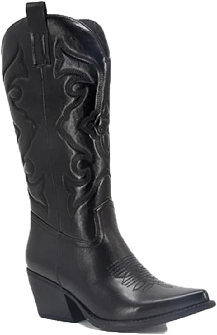 Cowboy Cowgirl Boots For Women Zip Embroidered Pointed Toe Chunky Heel Mid Calf Western Boot Shinny Shoes