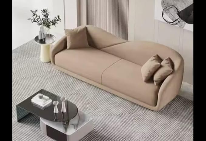 Image of Teak Wooden Base 3 Seater Sofa for Living Room | Chaise Longue Style | Comfortable Fabric Perfect 3 People Sofa for Home, Office, Hall and Restaurant (Light Brown)